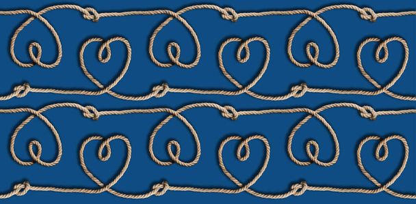 Σχοινί καρδιές και κόμποι σε μπλε φόντο αδιάλειπτη ατελείωτη μοτίβο, επίπεδη lay - Φωτογραφία, εικόνα