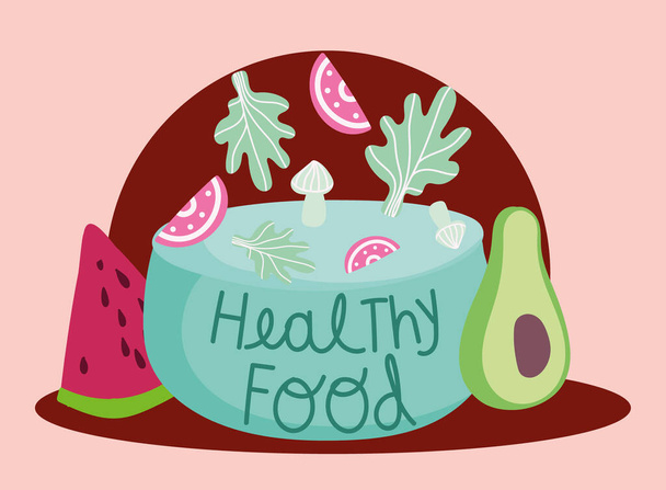 healthy food vegetables and fruits cooking in cartoon style lettering - Vektor, obrázek