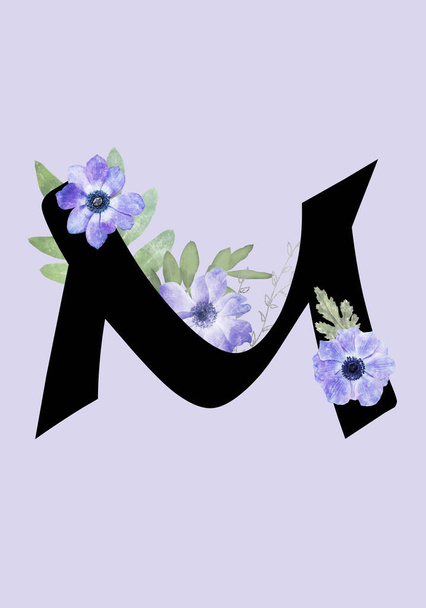 Floral μονόγραμμα (γράμμα) - διακοσμημένο με μπλε άνθη ανεμώνης και φύλλα νερομπογιάς - Φωτογραφία, εικόνα