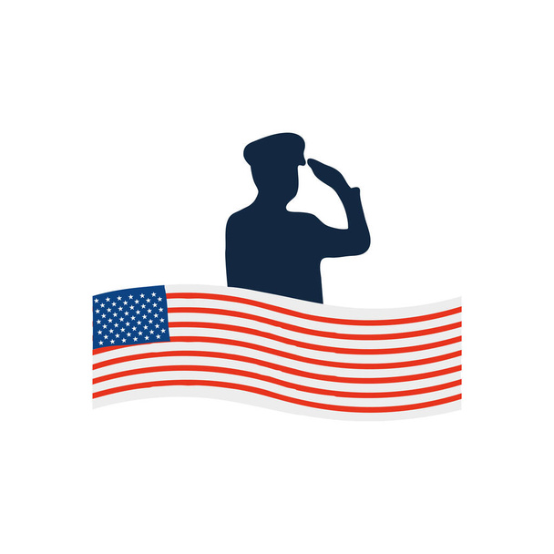 Etats-Unis drapeau et silhouette du soldat patriotique saluant icône - Vecteur, image