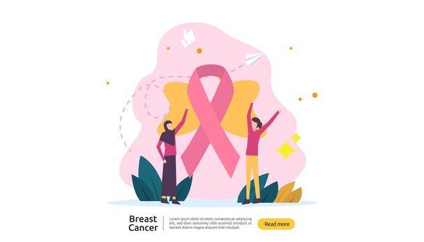 Göğüs kanseri günü farkındalık ayı kavramı pembe kurdele ve kadın çizgi film karakteri aşk ve destek için bir arada. Web iniş sayfası şablonu, afiş, sosyal ve basılı medya. Vektör illüstrasyonu - Vektör, Görsel