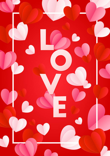 Happy St. Valentijnsdag kaart met papieren woord liefde en vliegende papieren harten. Vector vakantie ontwerp template. Rode concept verkoop banner of wenskaart  - Vector, afbeelding