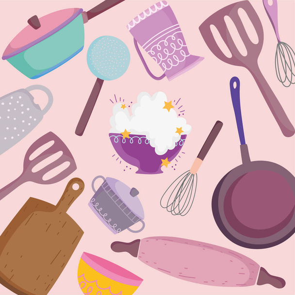 μαγειρικά σκεύη μαχαιροπίρουνα κουζίνα σπάτουλα πίνακα τροχαίο pin κατσαρόλα φόντο κατσαρόλα - Διάνυσμα, εικόνα