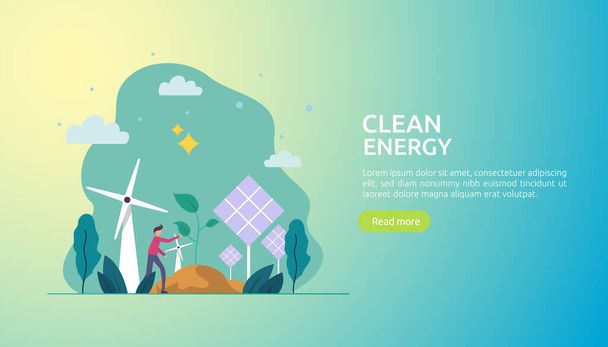 zelené čisté zdroje energie. obnovitelné solární panely a větrné turbíny. koncepce životního prostředí s charakterem lidí. šablony, banneru, prezentačních, sociálních a tiskových médií - Vektor, obrázek