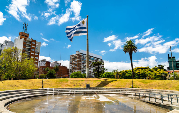 National flag of Uruguay at Tres Cruces district of Montevideo, Uruguay - Fotó, kép
