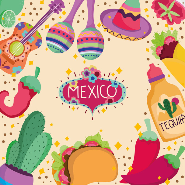 cultura mexicana tradicional tequila comida guitarra maraca cactus decoración fondo - Vector, imagen