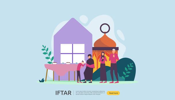 Iftar Eating After Fasting feast party concept. Moslem family dinner on Ramadan Kareem or celebrating Eid with people character. web landing page template, banner, presentation, social or print media - Vector, Image