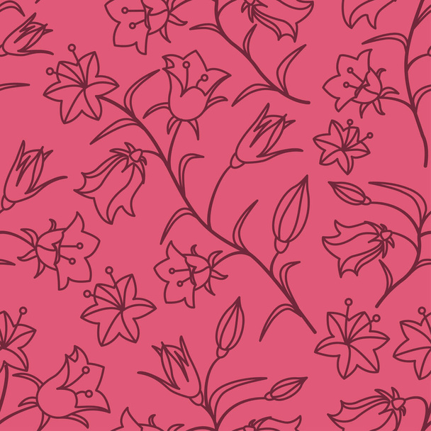 A seamless pattern with the colors of bells. Dark maroon contour on a crimson background. Vector illustration - ベクター画像