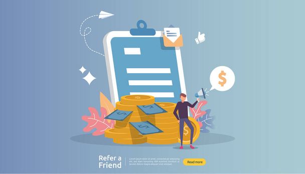 affiliate marketing concept. refer a friend strategy. people character shout megaphone sharing referral business partnership and earn money. template for web landing page, banner, poster, print media. - Vector, Image