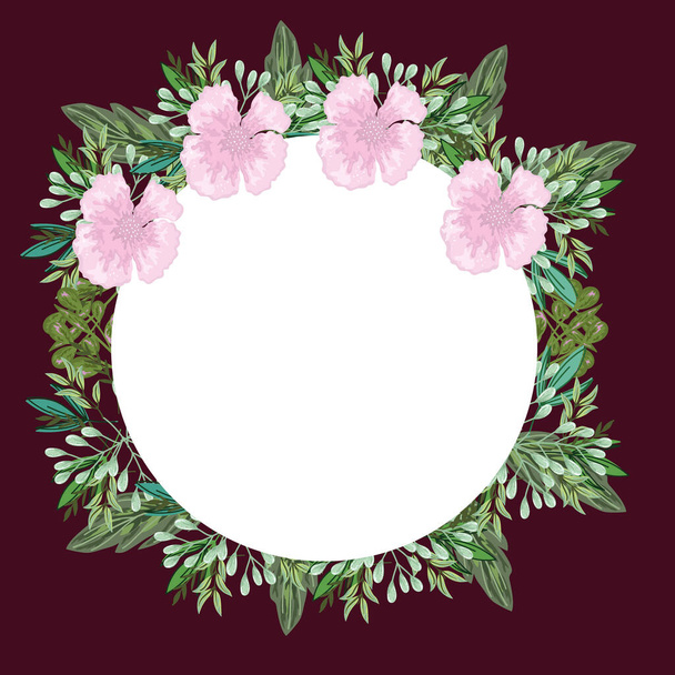 pink flowers and foliage nature decoration round border, painting design - ベクター画像