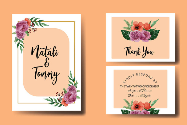 Set di cornici per inviti di nozze, acquerello floreale disegnato a mano Flower design Invitation Card Template - Vettoriali, immagini