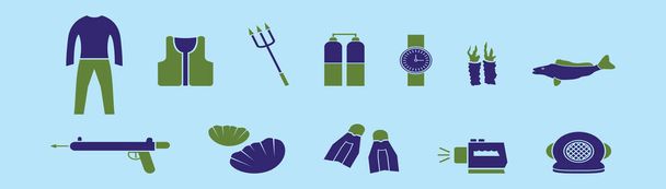 conjunto de plantillas de diseño de icono de dibujos animados de pesca submarina con varios modelos. ilustración vectorial moderna aislada sobre fondo azul - Vector, imagen