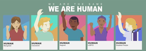 Kaikki ihmiset maailmassa ovat tasa-arvoisia, he kaikki ovat suojelleet ihmisoikeuksilla. - Vektori, kuva