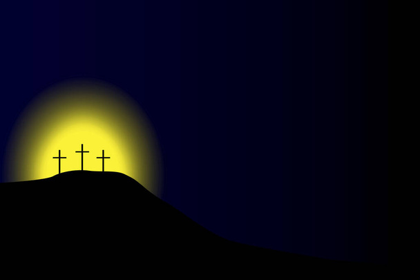 Calvary for healthcare design. Shining Calvary. Three crosses on the mountain. Yellow glow in the dark. Stock image. - Vector, Image