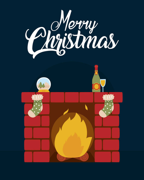 весёлый рождественский дизайн с кирпичным камином с декоративными рождественскими украшениями, в стиле ручной работы - Вектор,изображение