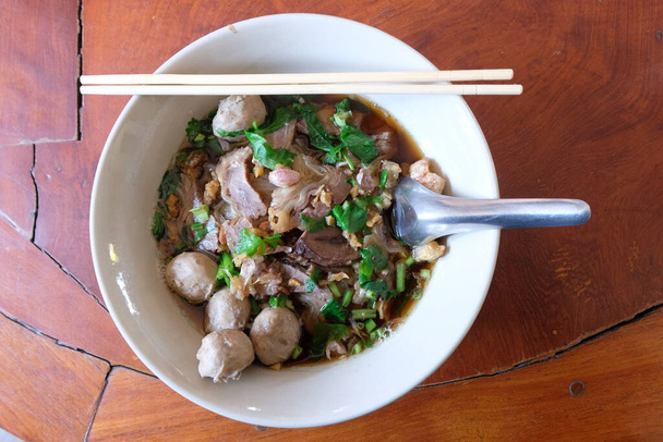 Thai style noodle blood soup. close up or selective focus - Foto, imagen