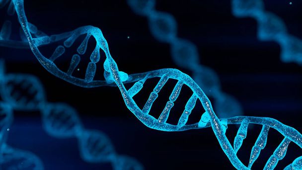 青い染色体DNAと徐々に光るちらつき光物質化学カメラが閉鎖に移動するとき。医学と遺伝の遺伝的健康の概念.科学技術。3Dイラストレンダリング - 写真・画像