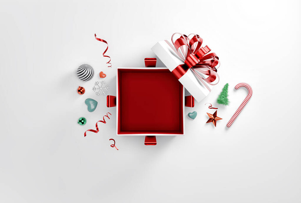 Κόκκινο κουτί έκπληξη δώρο με διακόσμηση σε λευκό φόντο κατά τη διάρκεια των Χριστουγέννων και της Πρωτοχρονιάς, 3d απόδοση. - Φωτογραφία, εικόνα