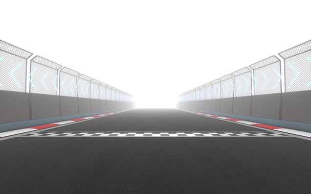 Вид на нескінченність порожньої асфальтової міжнародної гоночної траси, 3d рендеринг. Комп'ютерне цифрове креслення
. - Фото, зображення