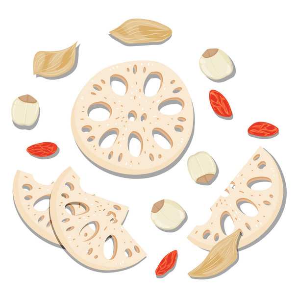beautiful Flat Lay Food style vector illustration of  ingredient, isolated on white background. Chinese traditional herb and dish. sliced lotus root, lotus seeds, goji berries, lily bulb,  - Vector, Image