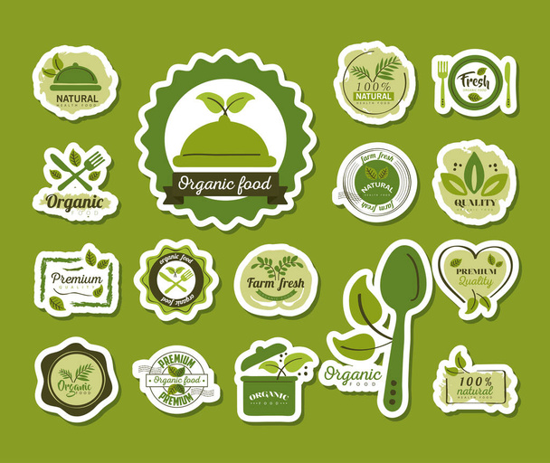 aliments biologiques, placez des étiquettes et des badges sur fond vert - Vecteur, image
