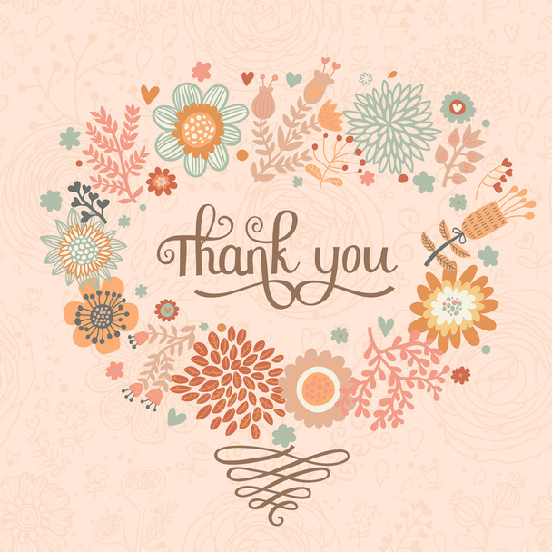 Thank you! Bright cartoon card made of flowers. - Вектор, зображення