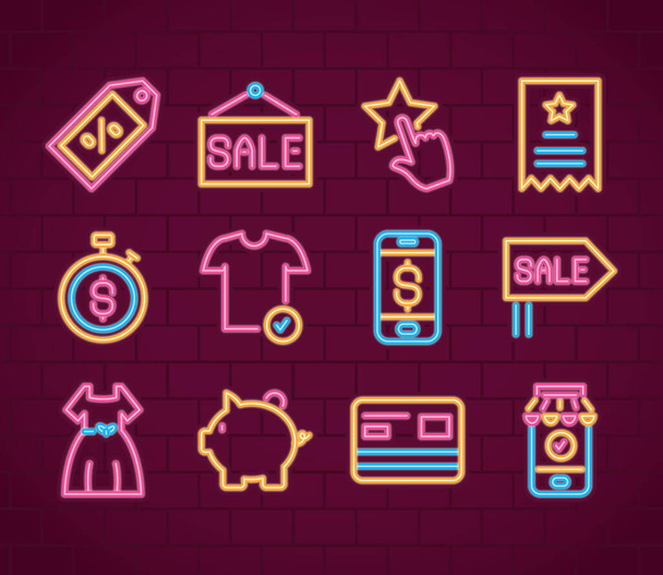 icon set of cyber monday, neon style - Vector, Image