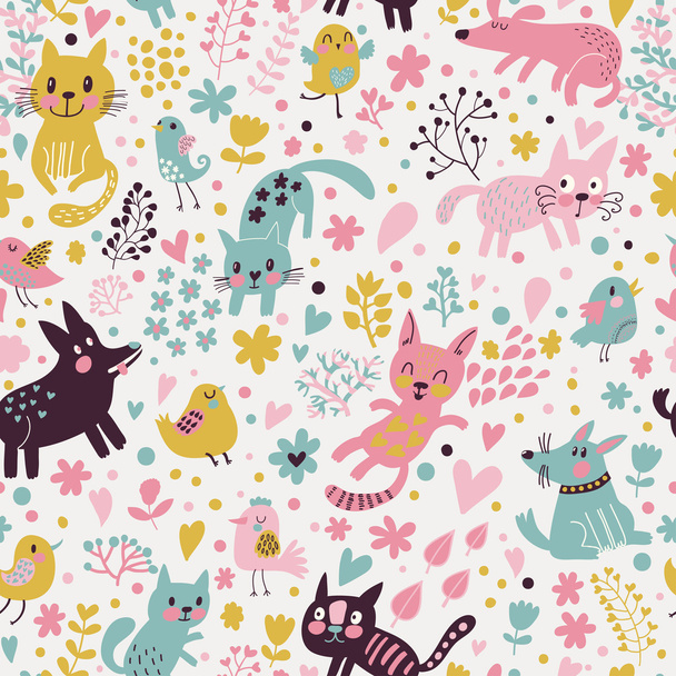 Bright childish seamless pattern with birds, cats and funny dogs - Вектор, зображення