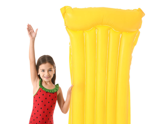 Cute little girl with inflatable mattress on white background - Foto, Imagem