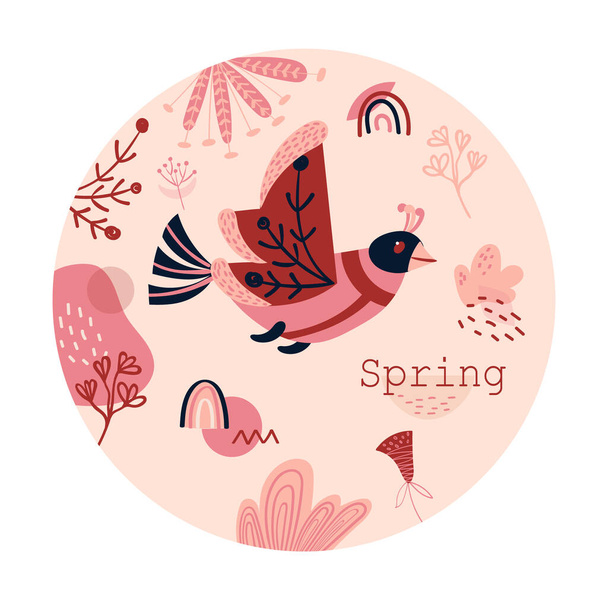 Label with geometric bird. Spring Sticker with pink shapes, rainbow, flower. Emblem with abstract decorative floral elements. - ベクター画像
