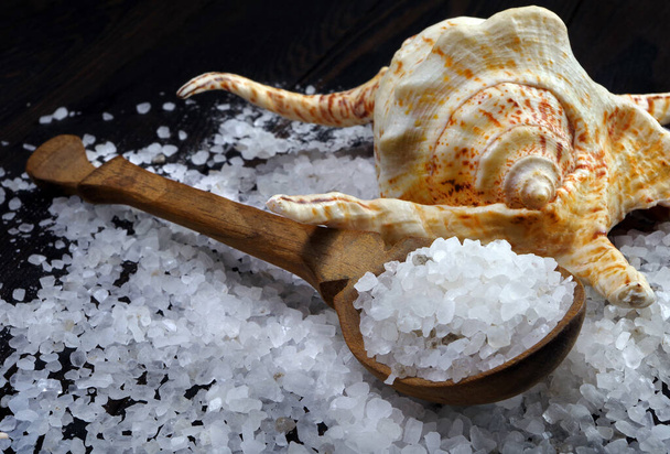természetes fűszerek. tengeri só egy fából készült asztalon.  - Fotó, kép