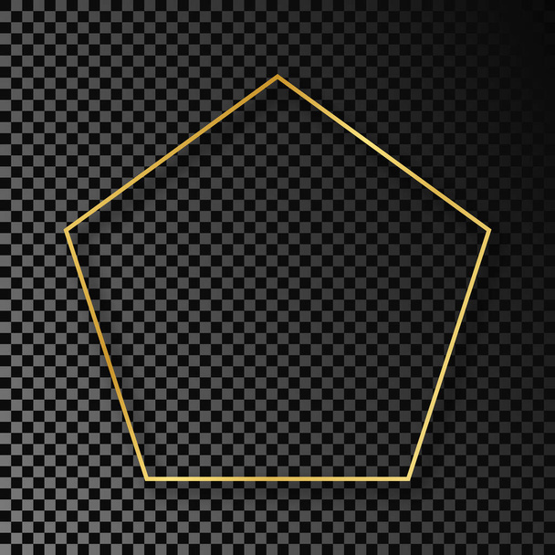 Gold glowing pentagon shape frame with shadow isolated on dark transparent background. Shiny frame with glowing effects. Vector illustration. - Vector, Image