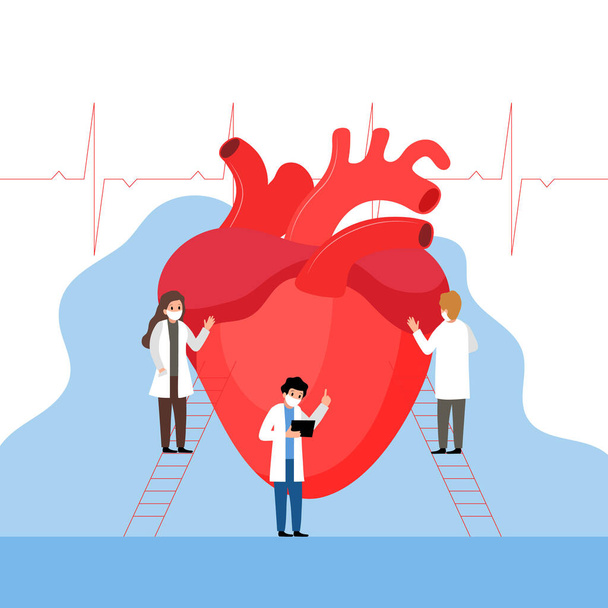 Conceptual Illustration In Cartoon Flat Style. Vector Composition With Three Characters. Team Of Doctors Examining Huge Human Heart. Healthcare And Medical Aid, Pharmacy Service Advertisement Placard - Vector, Image