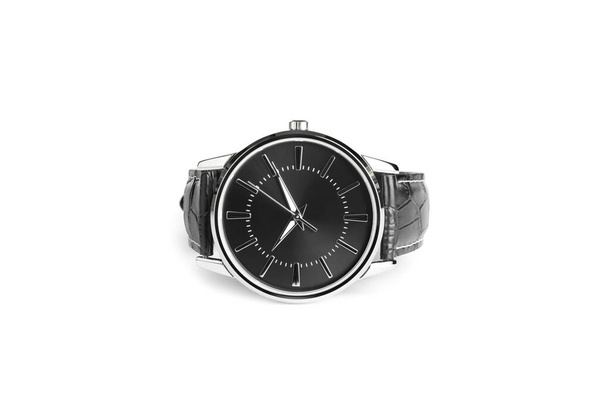 Black luxury watch with leather band isolated on white - Φωτογραφία, εικόνα