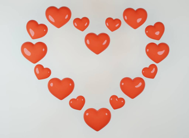 Περίγραμμα σε σχήμα καρδιάς από μικρές κόκκινες καρδιές. 3d καθιστούν απεικόνιση - Φωτογραφία, εικόνα