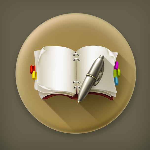 Notebook with pen, long shadow vector icon - Διάνυσμα, εικόνα