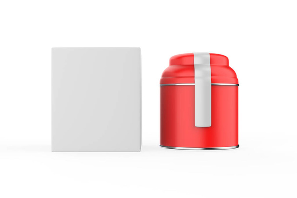 Vaso di stoccaggio con etichetta di carta e scatola isolata su sfondo bianco. Illustrazione 3d  - Foto, immagini