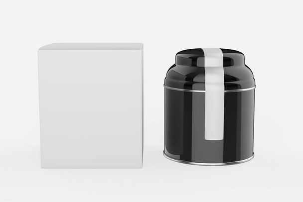 Хранение банка с бумажной этикеткой и коробка изолированы на белом фоне. 3d иллюстрация  - Фото, изображение