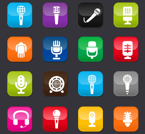 Microphone web icons for user interface design. Colored buttons on a dark background - Vector, Imagen