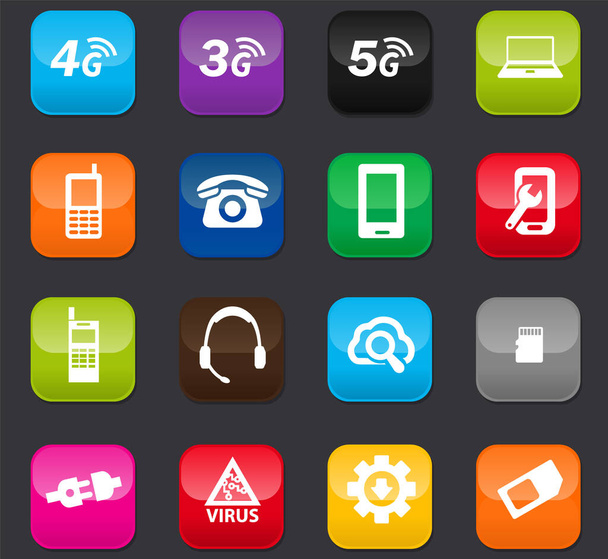Mobile connection vector icons for user interface design. Colored buttons on a dark background - Vektor, Bild