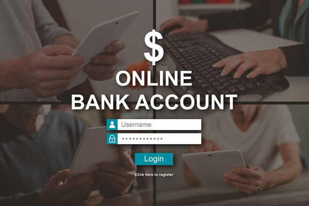 Concepto de cuenta bancaria en línea ilustrado por imágenes en segundo plano - Foto, Imagen
