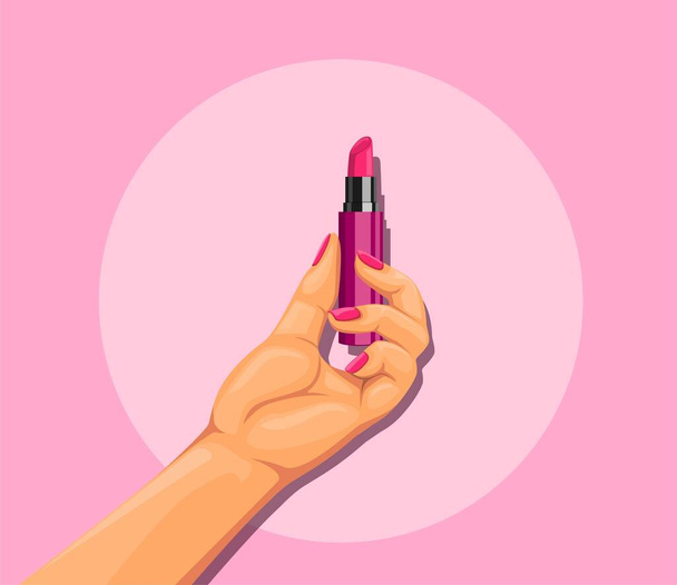 Mano femenina sosteniendo lápiz labial. concepto de producto cosmético en el vector de ilustración de dibujos animados - Vector, imagen