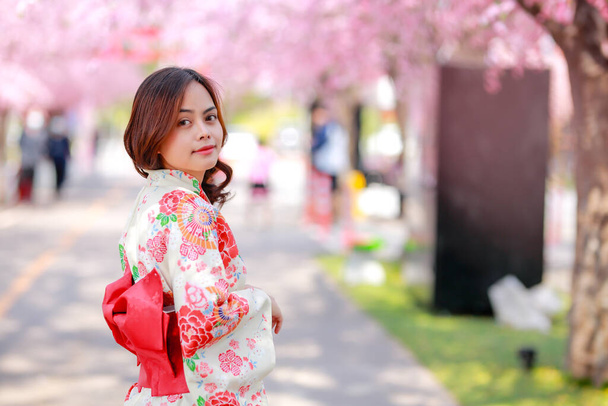 Portrait of a traveler young asian woman wear a dress yukata and walking on tree path in japan cherry blossoming sakura park at sunlight afternoon. - Photo, Image