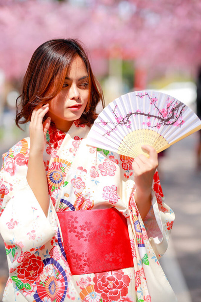 Portrét cestovatele mladé asijské ženy nosit šaty yukata a chůzi na stromové cestě v Japonsku třešeň kvetoucí sakura park za slunečního světla odpoledne. - Fotografie, Obrázek
