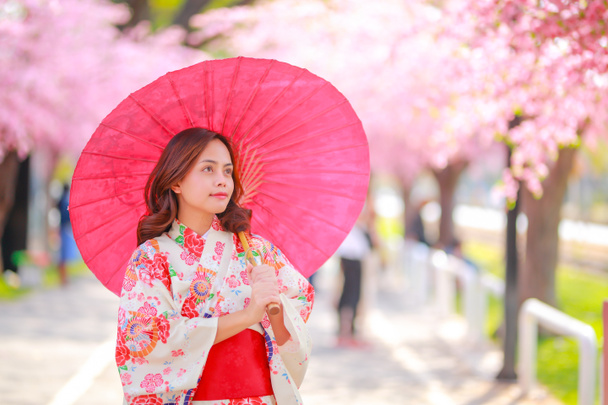Egy utazó fiatal ázsiai nő portréja, aki yukata ruhát visel, és a japán cseresznyevirágzó sakura parkban sétál a fák között napfényben délután.. - Fotó, kép