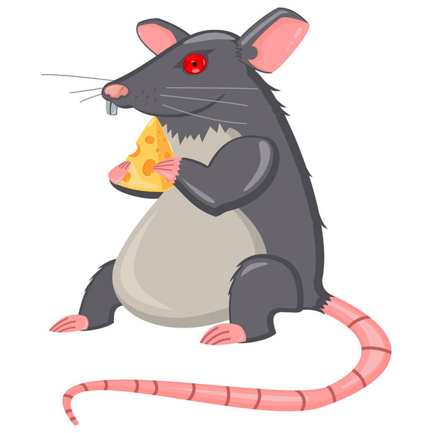 Ratte mit Käsescheibe. Zeichentrickvektorillustration auf weißem Hintergrund. - Vektor, Bild
