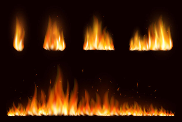 Flama realista colorida de la línea de imagen bon fire con humo de reflexión horizontal y chispas sobre fondo negro - Vector, Imagen