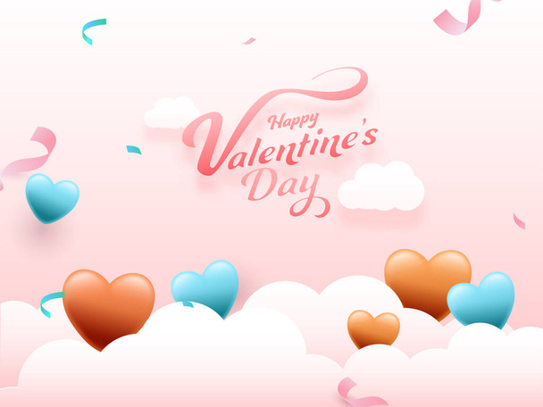 Happy Valentine's Day Font With Glossy Hearts, Confetti Ribbon Decorated On White Clouds And Pink Background. - Vektor, obrázek
