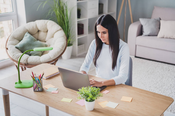 Photo of attractive focused woman write use laptop home workstation remote job inside house indoors - Φωτογραφία, εικόνα