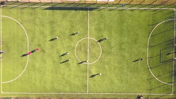 Luftaufnahme von oben nach unten von grünen Fußballsportplatz und Fußballspieler. Kleine unkenntliche Sportler auf Rasen bedeckten Stadion während der sportlichen Aktivitäten. - Filmmaterial, Video